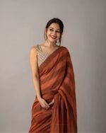 Premium Rust Orange Linen Cotton Saree with Digital Print & Tassels - Image 5