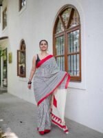 Premium Linen Cotton Digital Print Saree – Elegant Off-White - Image 4