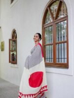 Premium Linen Cotton Digital Print Saree – Elegant Off-White - Image 2