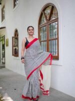 Premium Linen Cotton Digital Print Saree – Elegant Off-White